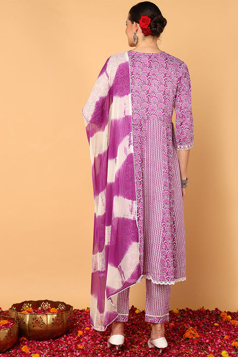 Plus Size Purple Viscose Rayon Yoke Design Flared Suit Set